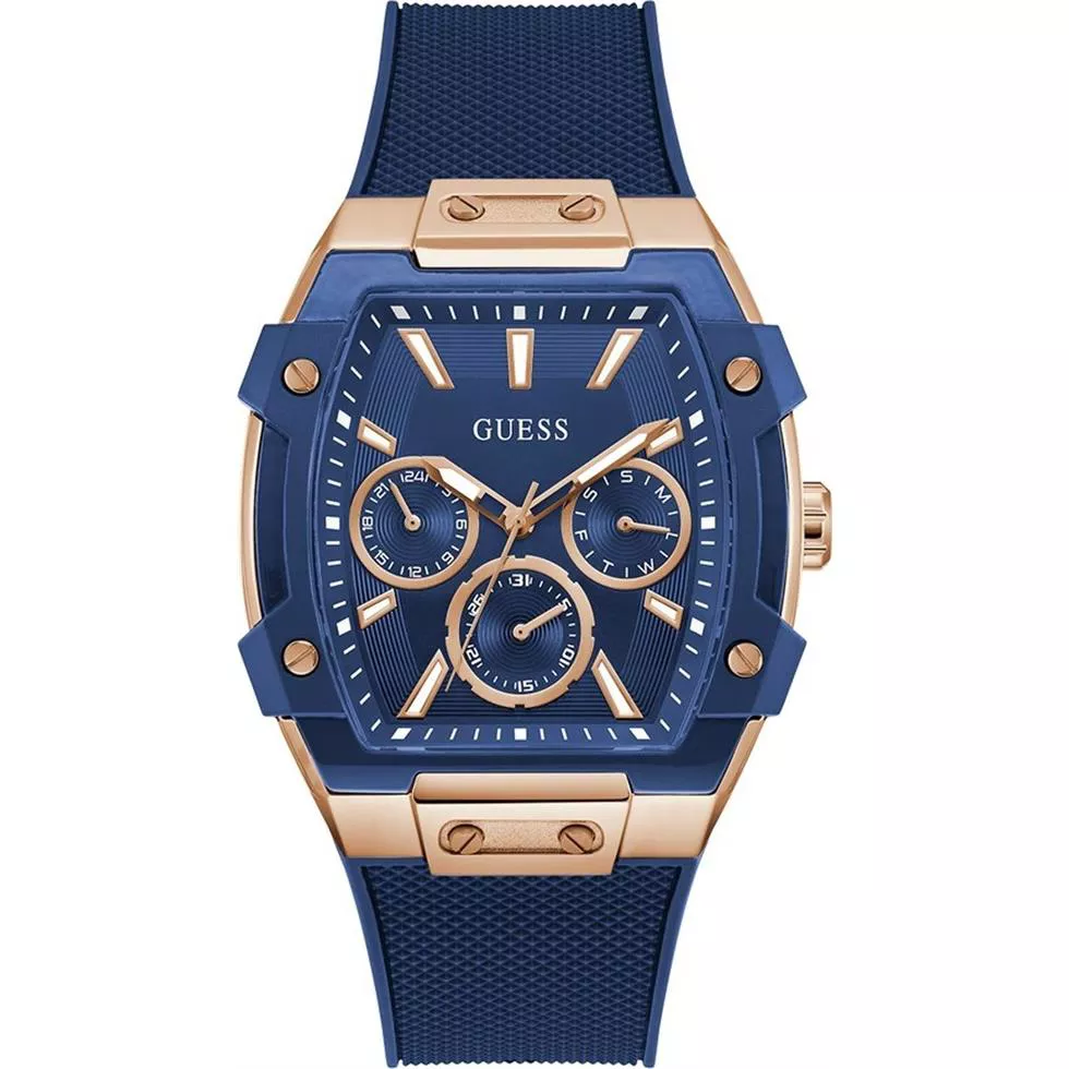 Guess Rose Gold-Tone and Blue Silicone Multifunction Watch 44mm