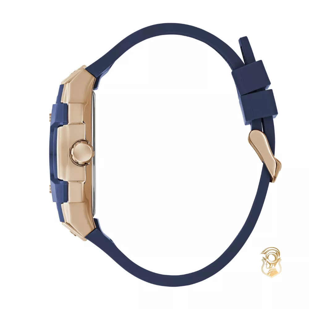Guess Rose Gold-Tone and Blue Silicone Multifunction Watch 44mm