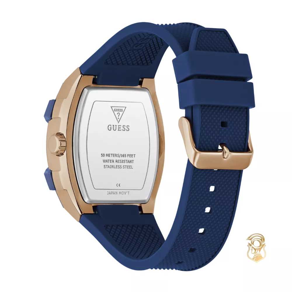 Guess Rose Gold-Tone and Blue Silicone Multifunction Watch 44mm