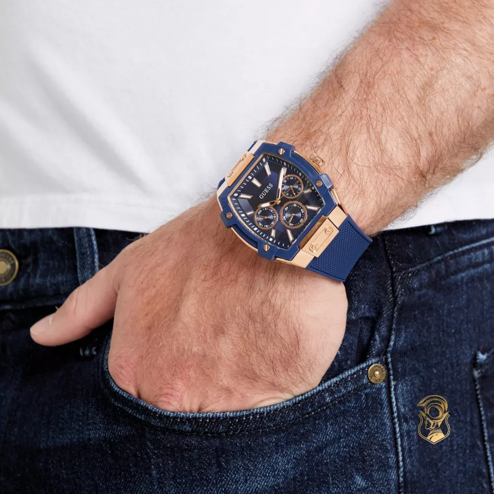 Guess Rose Gold-Tone and Blue Silicone Multifunction Watch 44mm