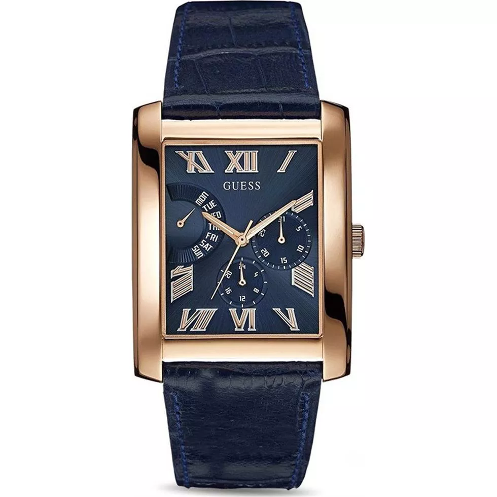 GUESS Rose Gold Tone Rectangular Blue Watch 36mm