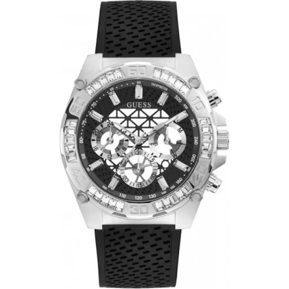 Guess Silver-Tone And Black Tachymeter Watch 46MM