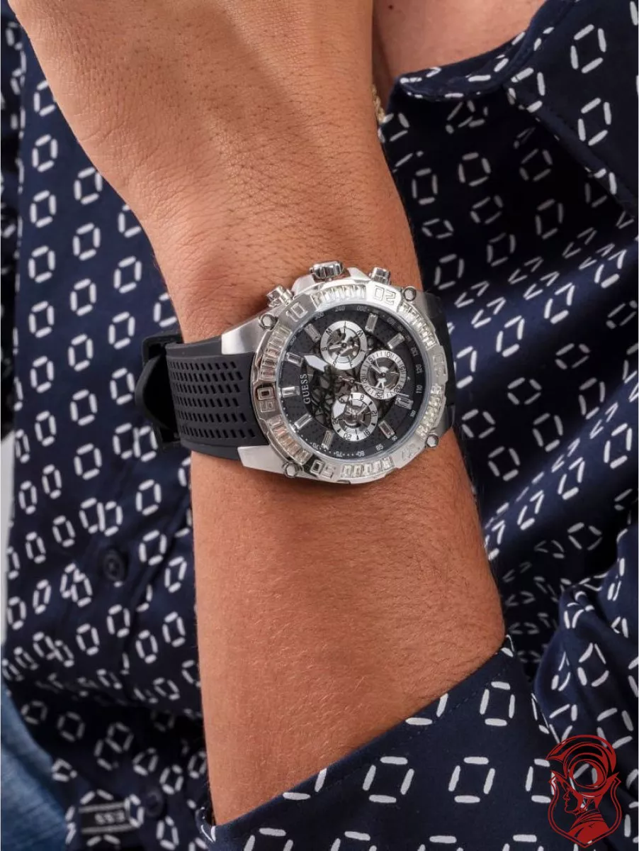 Guess Silver-Tone And Black Tachymeter Watch 46MM