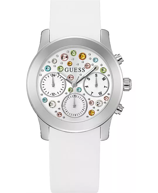Guess Silver Tone Case White Silicone Watch 38mm