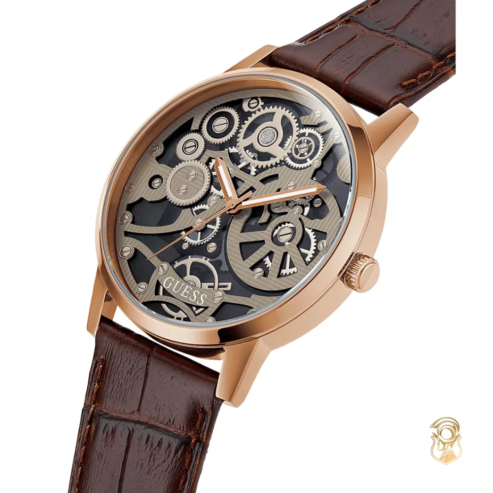 Guess Skeleton Brown Leather Watch 42mm