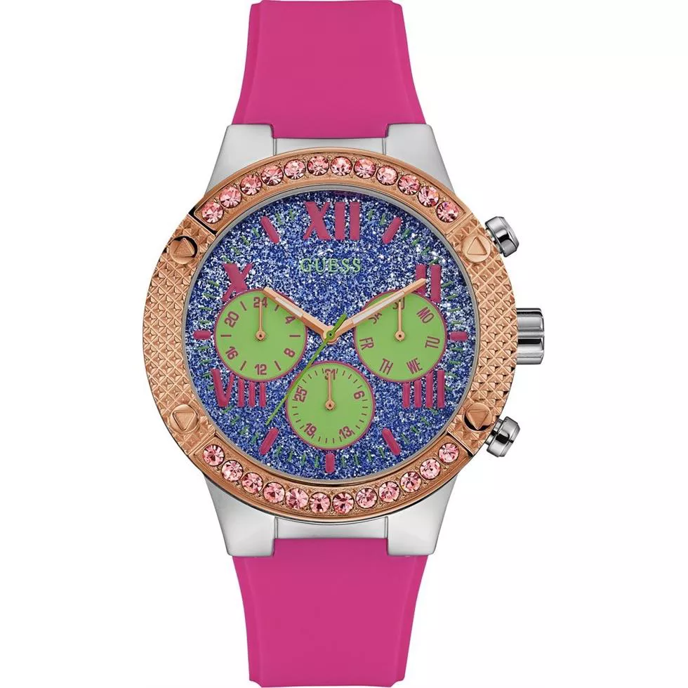 GUESS Women's Pink Silicone Strap Watch 44mm
