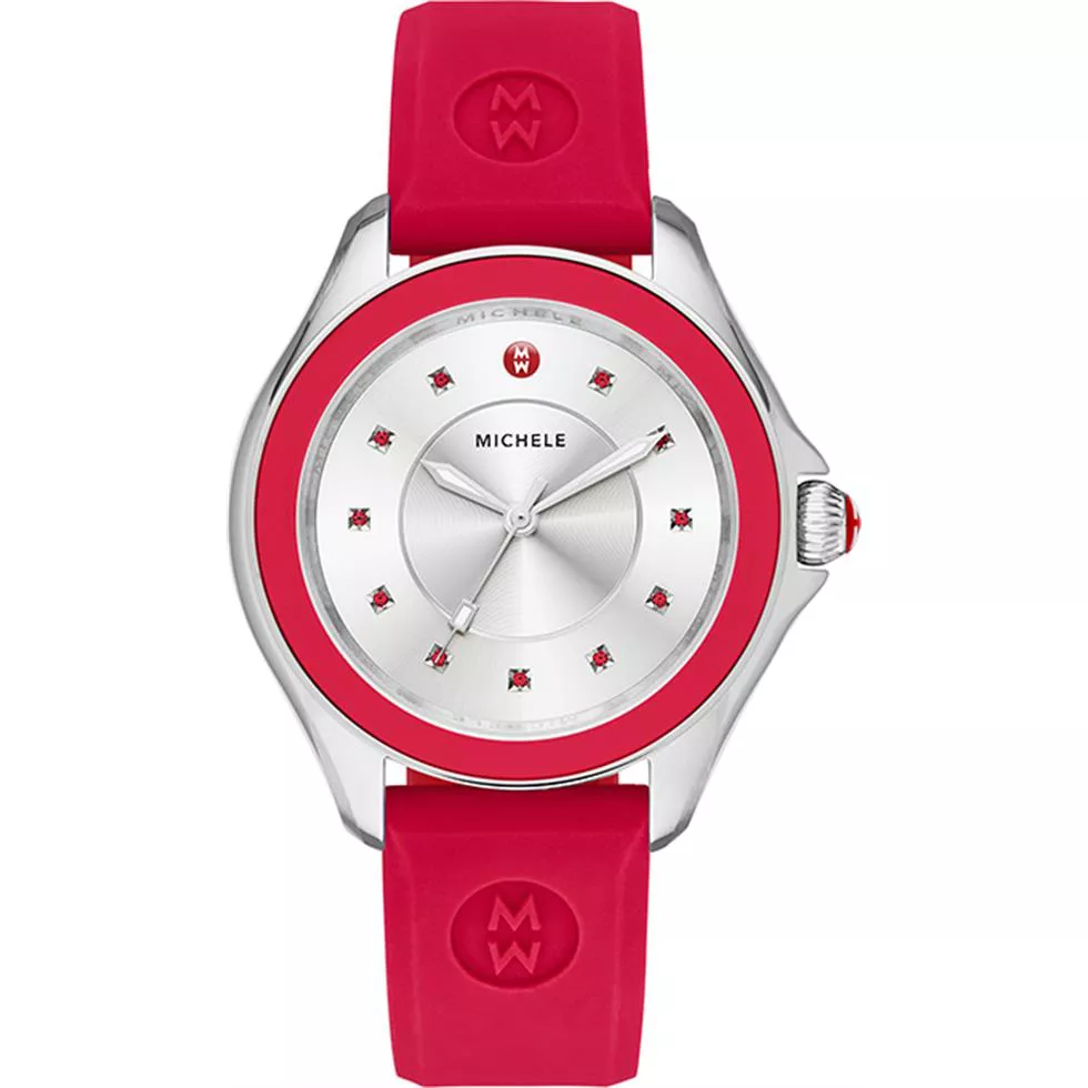MICHELE Cape Silver Dial Red Topaz Ladies Watch 36mm