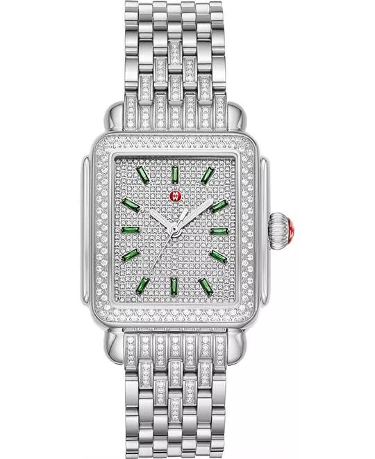 Michele Deco Emerald and Pavé Diamond Watch 33mm X 35mm