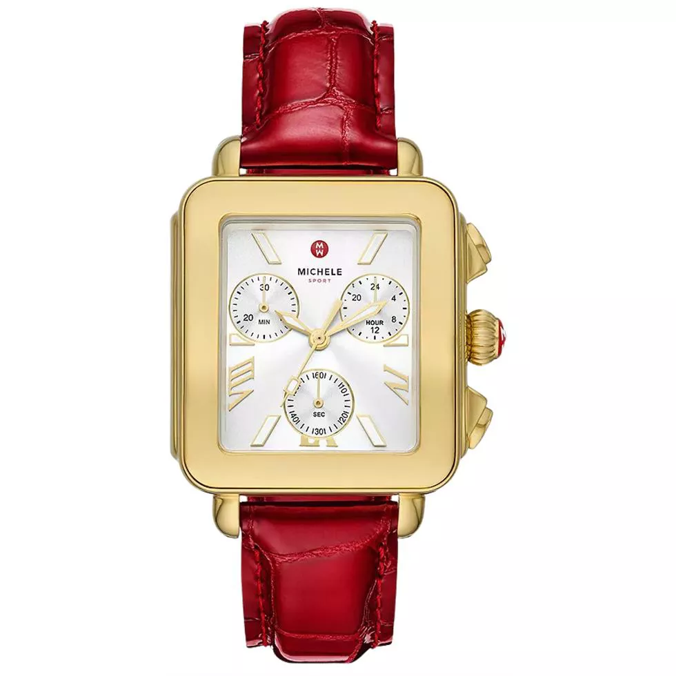 Michele Deco Sport 18K Gold-Plated Ruby Red Watch 36mm