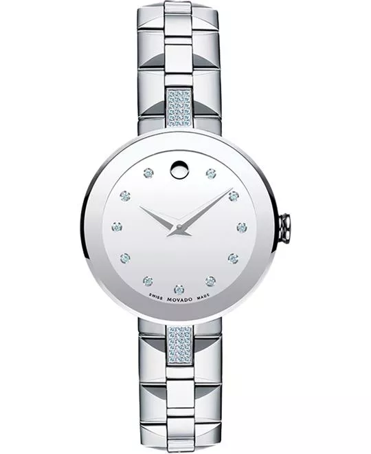 Movado Sapphire Silver Mirror Diamond Dial Watch 28mm