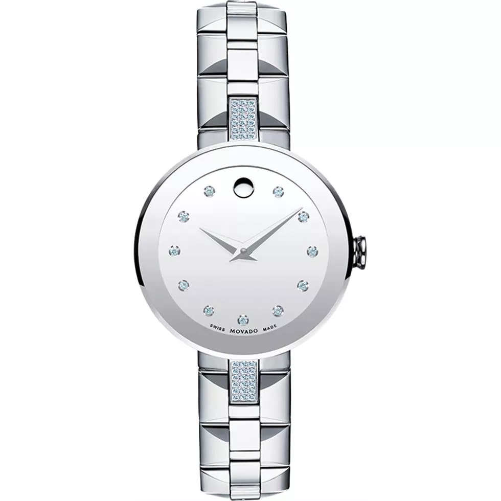 Movado Sapphire Silver Mirror Diamond Dial Watch 28mm