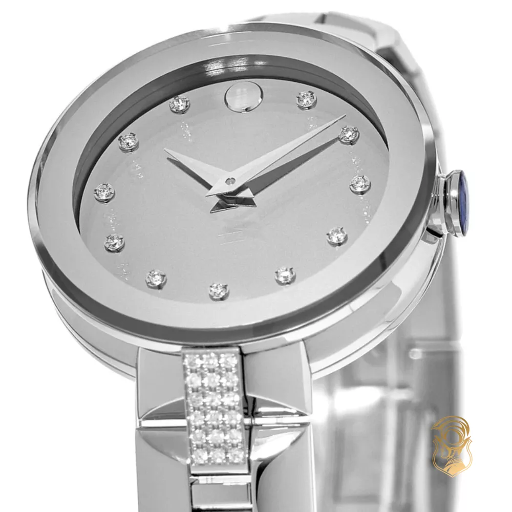 Movado Sapphire Silver Mirror Diamond Dial Watch 28mm