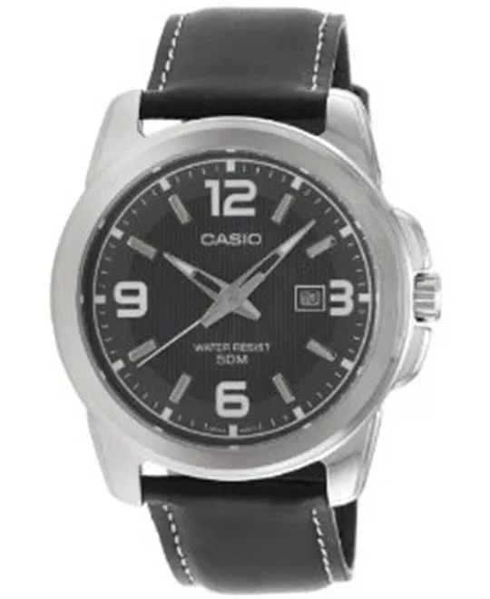 Casio Men's  Black Leather Quartz Watch with Black Dial