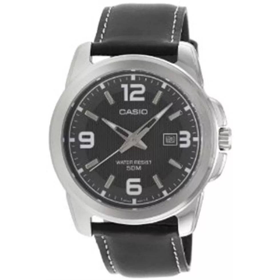 Casio Men's  Black Leather Quartz Watch with Black Dial