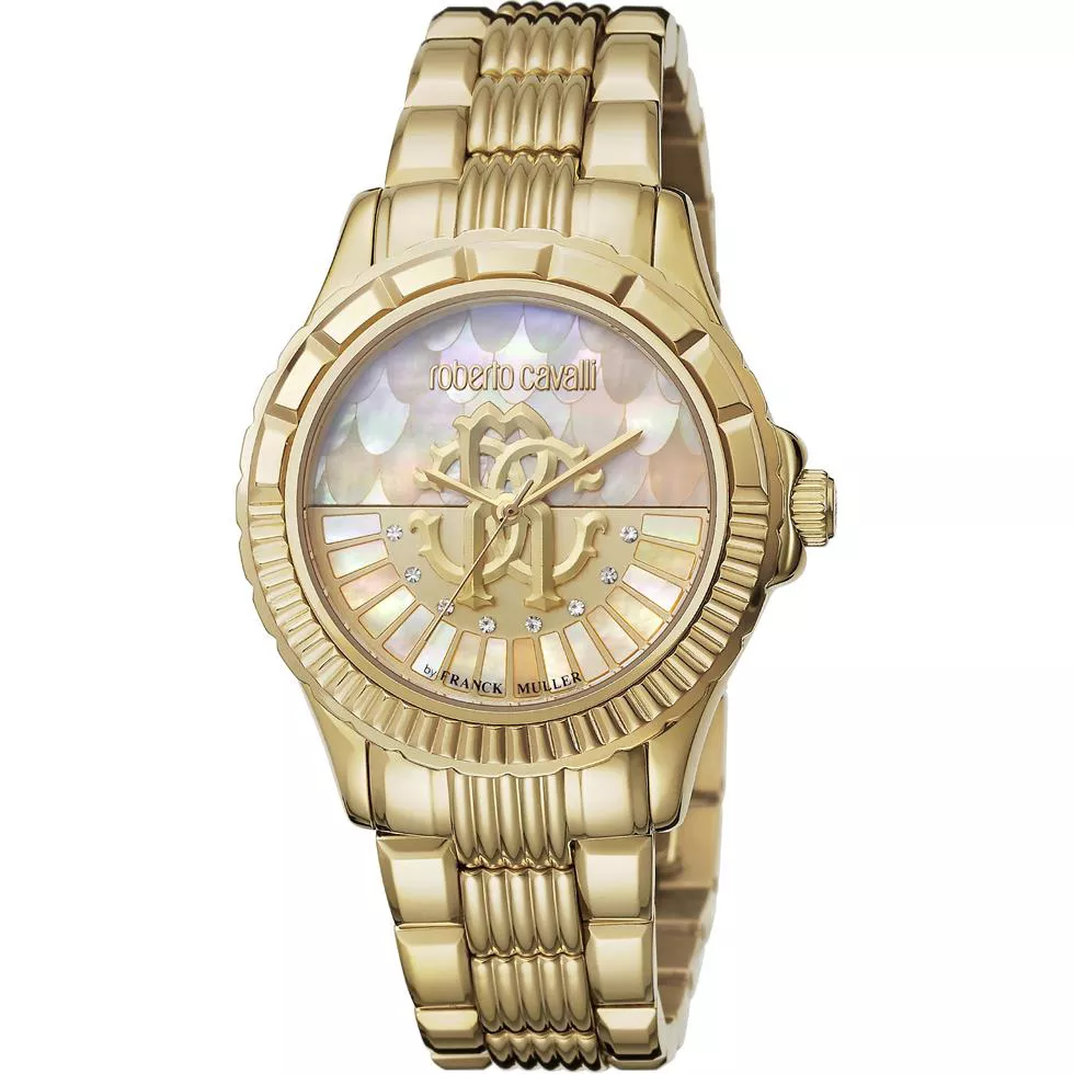 Roberto Cavalli Logo Gold Mother of Pearl Watch 35