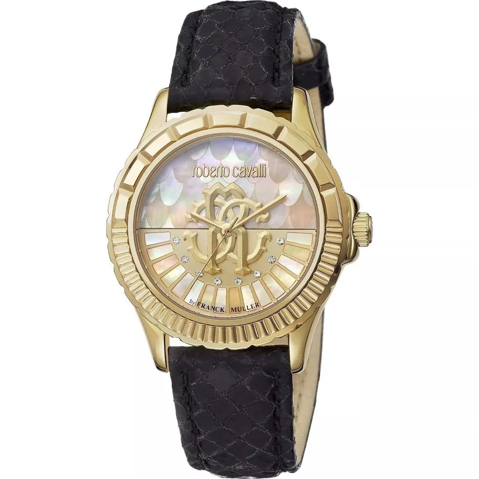 Roberto Cavalli Logo Gold Mother of Pearl Watch 35