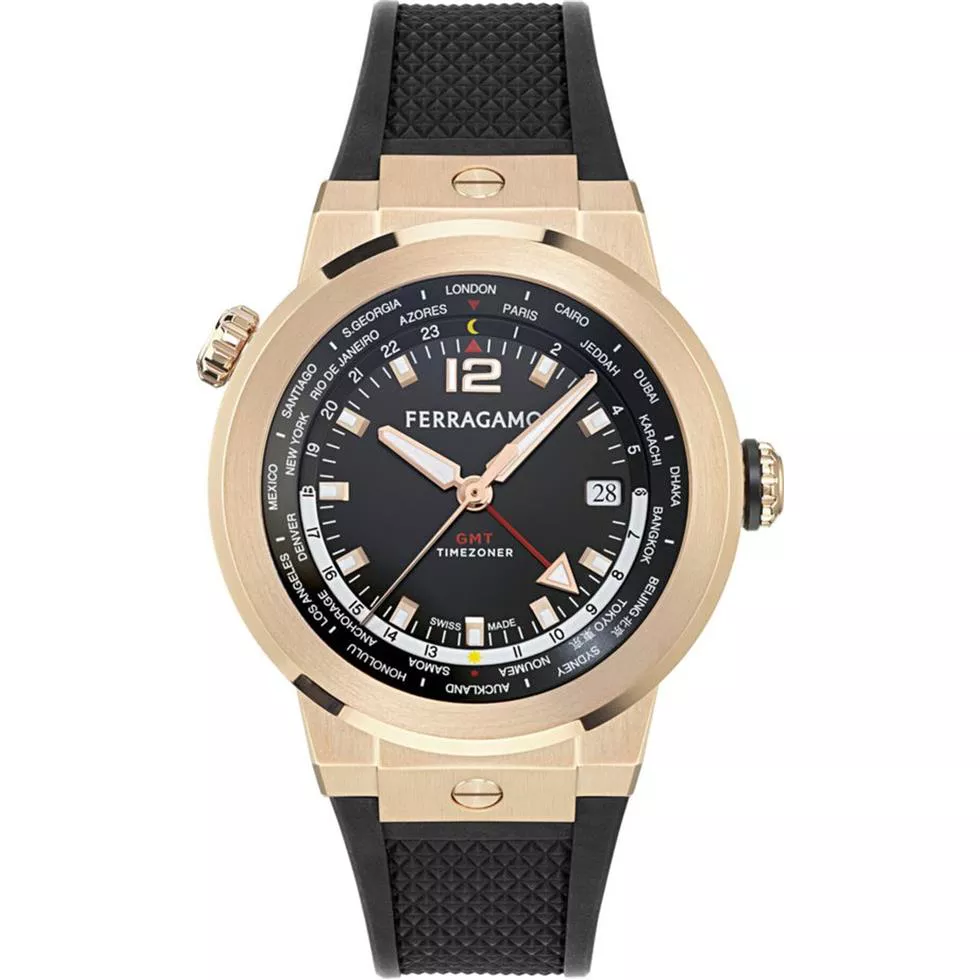 Salvatore Ferragamo F-80 Gold-Tone GMT Watch 43mm