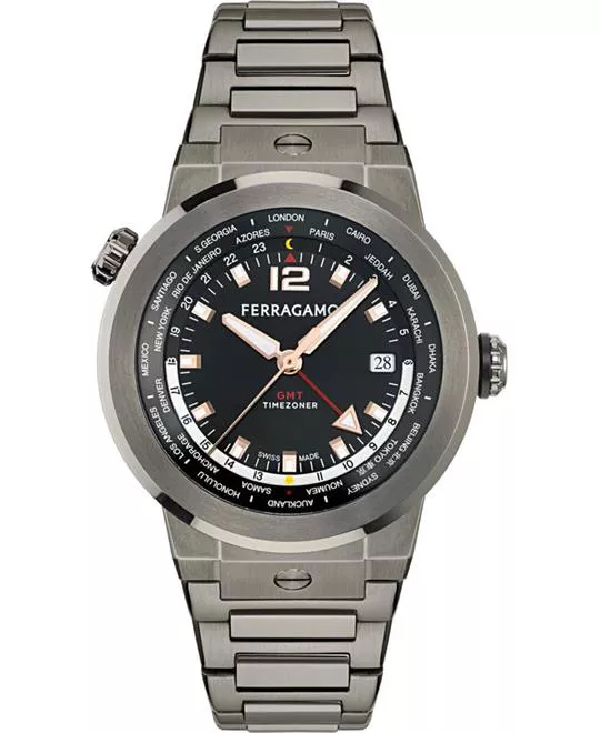 Salvatore Ferragamo F-80 Grey-Tone GMT Watch 43mm