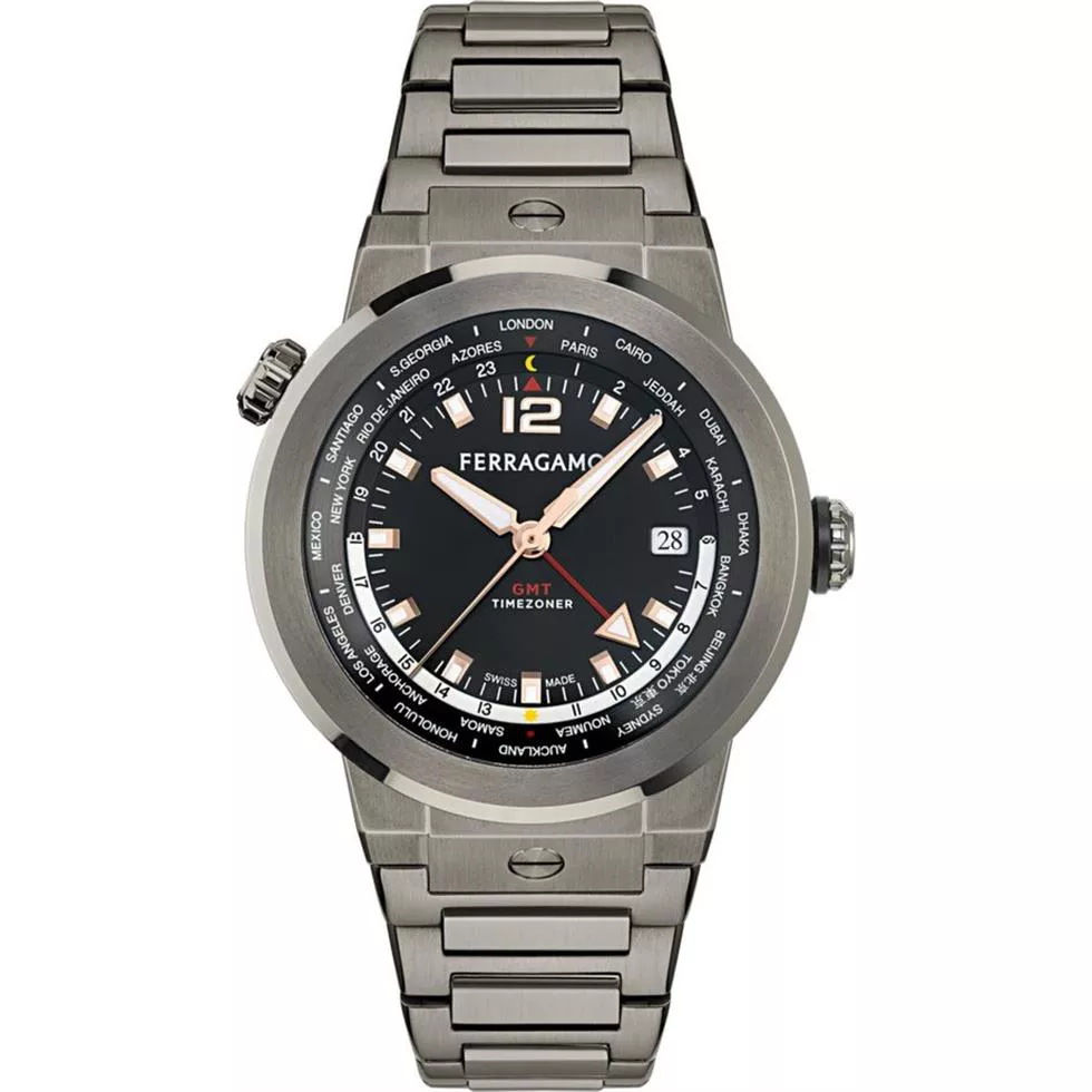 Salvatore Ferragamo F-80 Grey-Tone GMT Watch 43mm