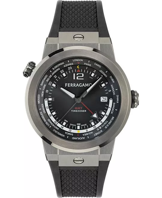 Salvatore Ferragamo F-80 Grey-Tone GMT Watch 43mm