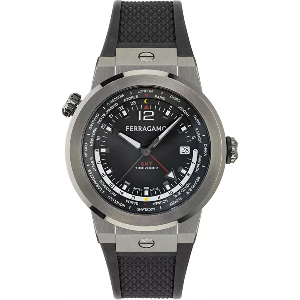 Salvatore Ferragamo F-80 Grey-Tone GMT Watch 43mm