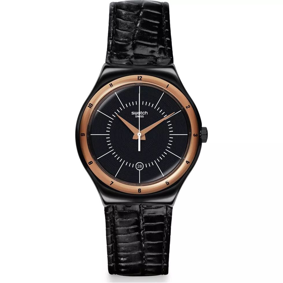 SWATCH Black Nachtigall Black Dial Black Leather Men's Watch 41mm