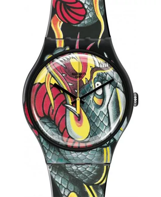 Swatch fired snake printed dial plastic strap unisex watch 41mm