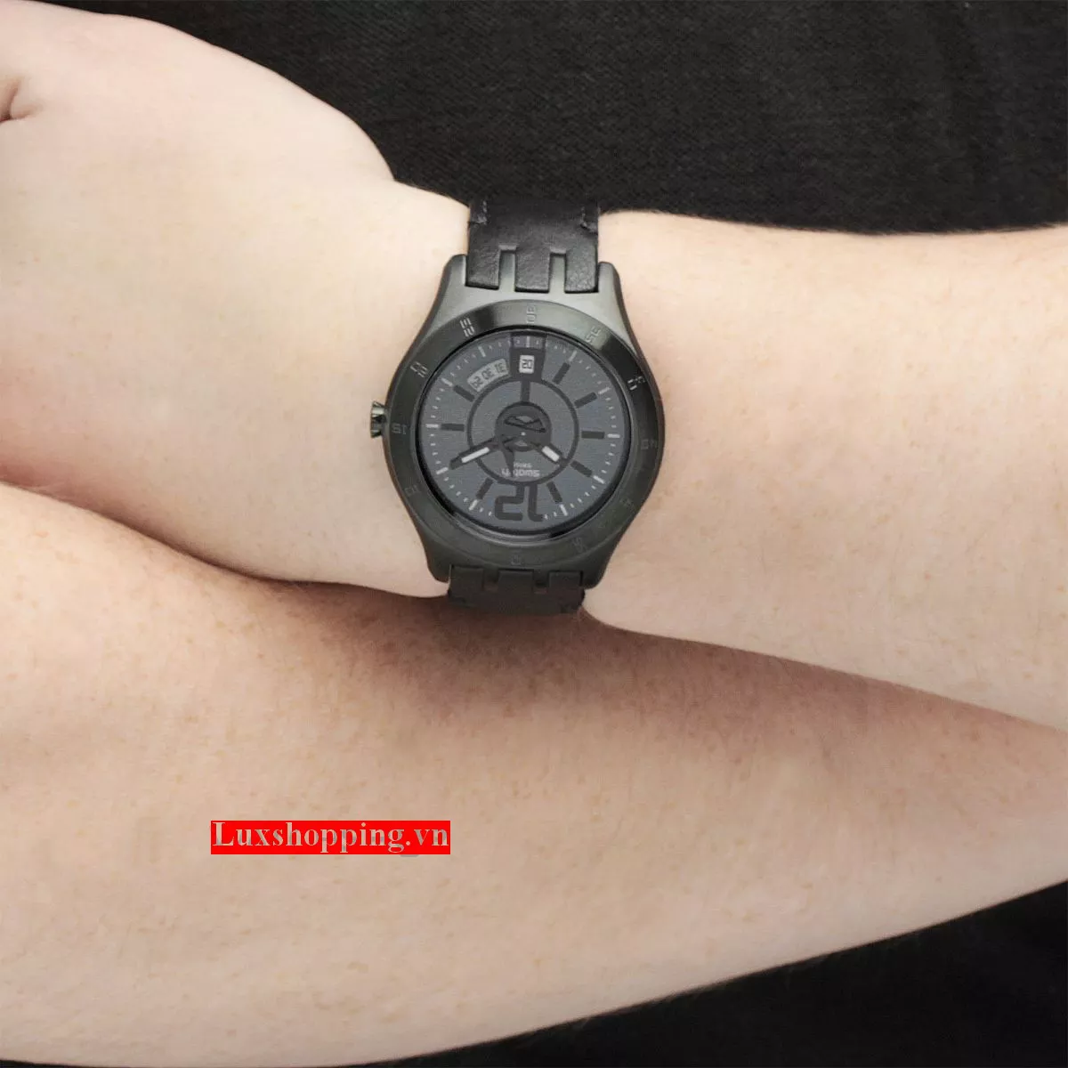 Swatch Men's Quartz Date Black Dial Resin Watch 44mm