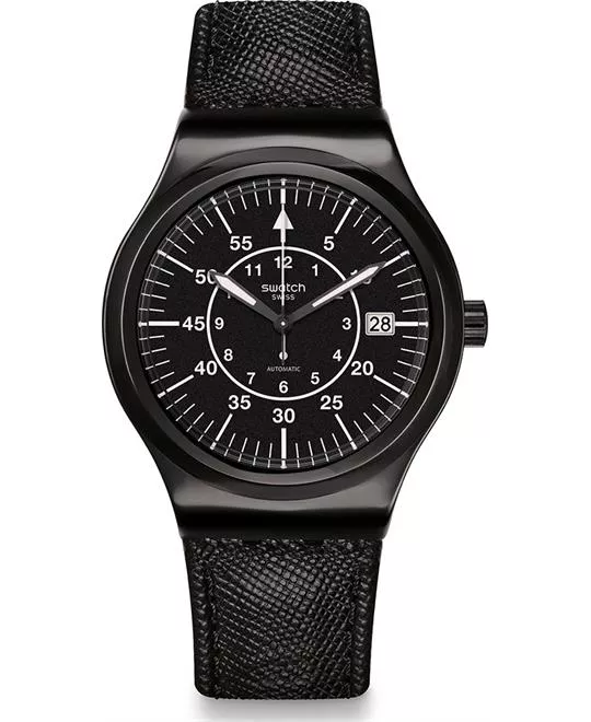 Swatch Sistem Slate Black Leather Swiss Watch 42mm