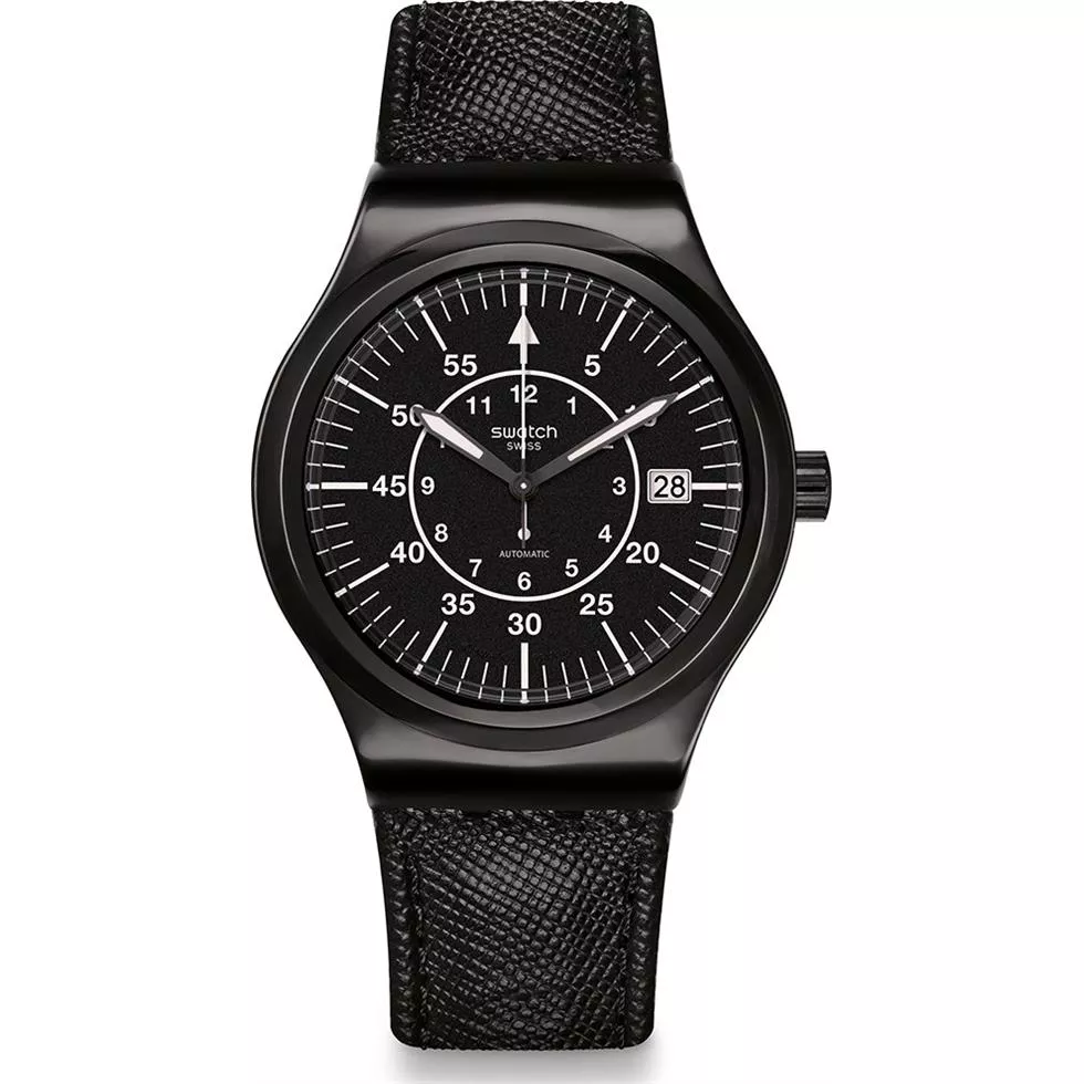 Swatch Sistem Slate Black Leather Swiss Watch 42mm