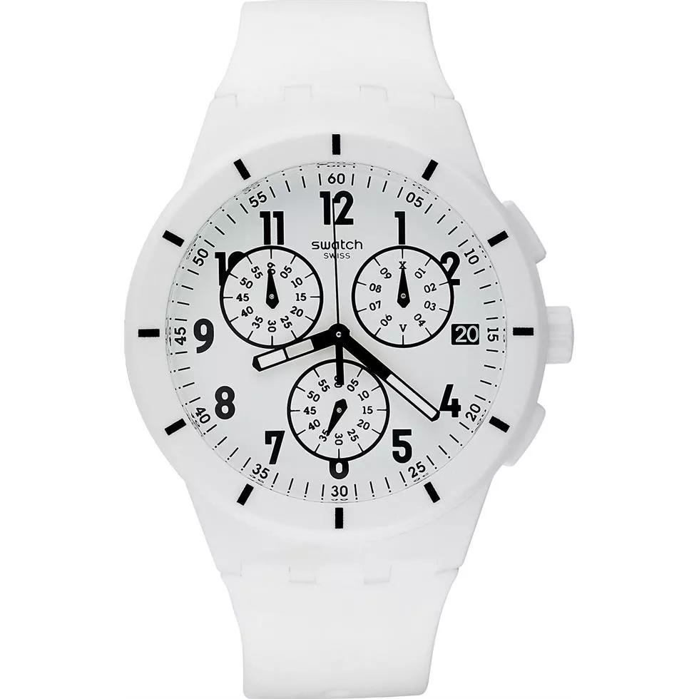 Swatch Watch Unisex Swiss Chronograph White Silicone 42mm 