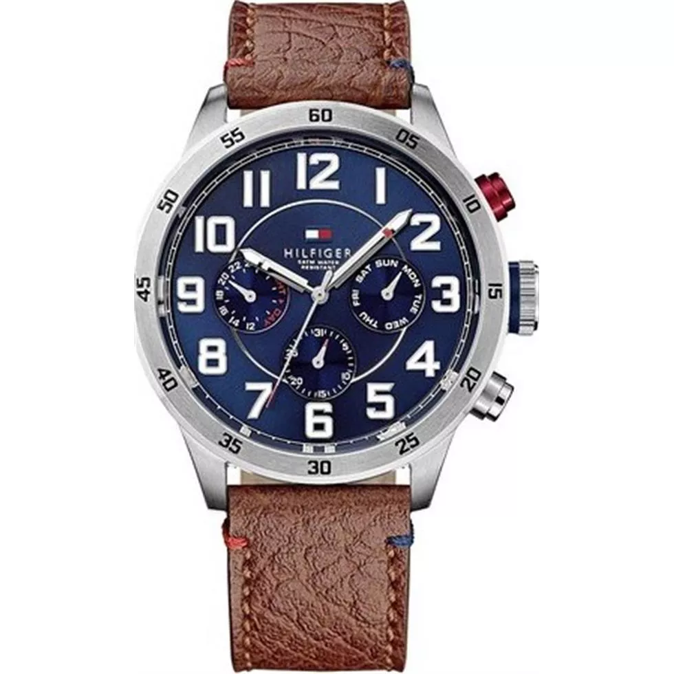 Tommy Hilfiger Blue Brown Leather Watch 46mm