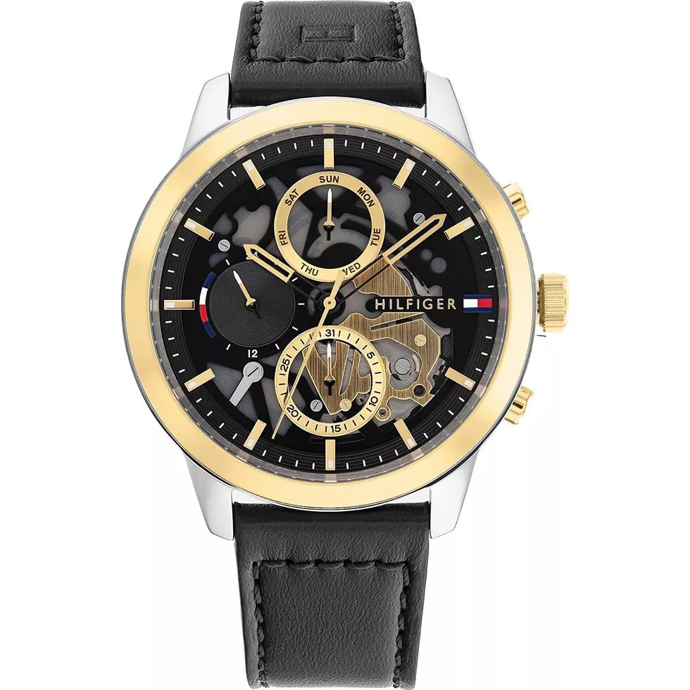 Tommy Skeleton Watch With Black Leather Strap 44mm