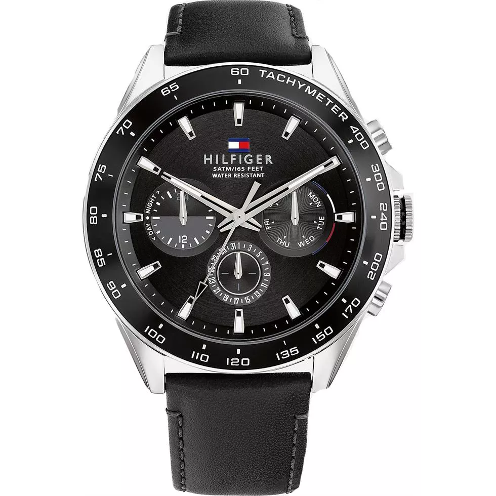 Tommy Sport Watch With Black Leather Strap 46mm