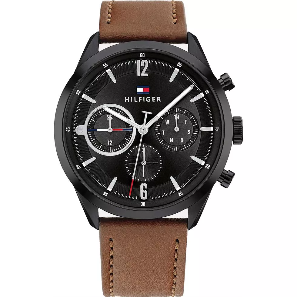Tommy Sub-Dials Watch With Brown Leather Strap 44mm