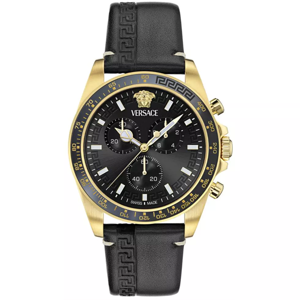 Versace Greca Chrono Wave Leather Black Watch 43mm