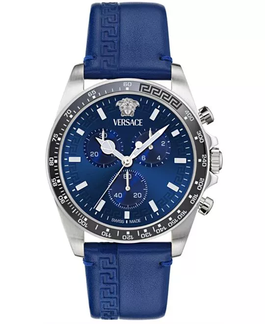 Versace Greca Chrono Wave Leather Blue Watch 43mm