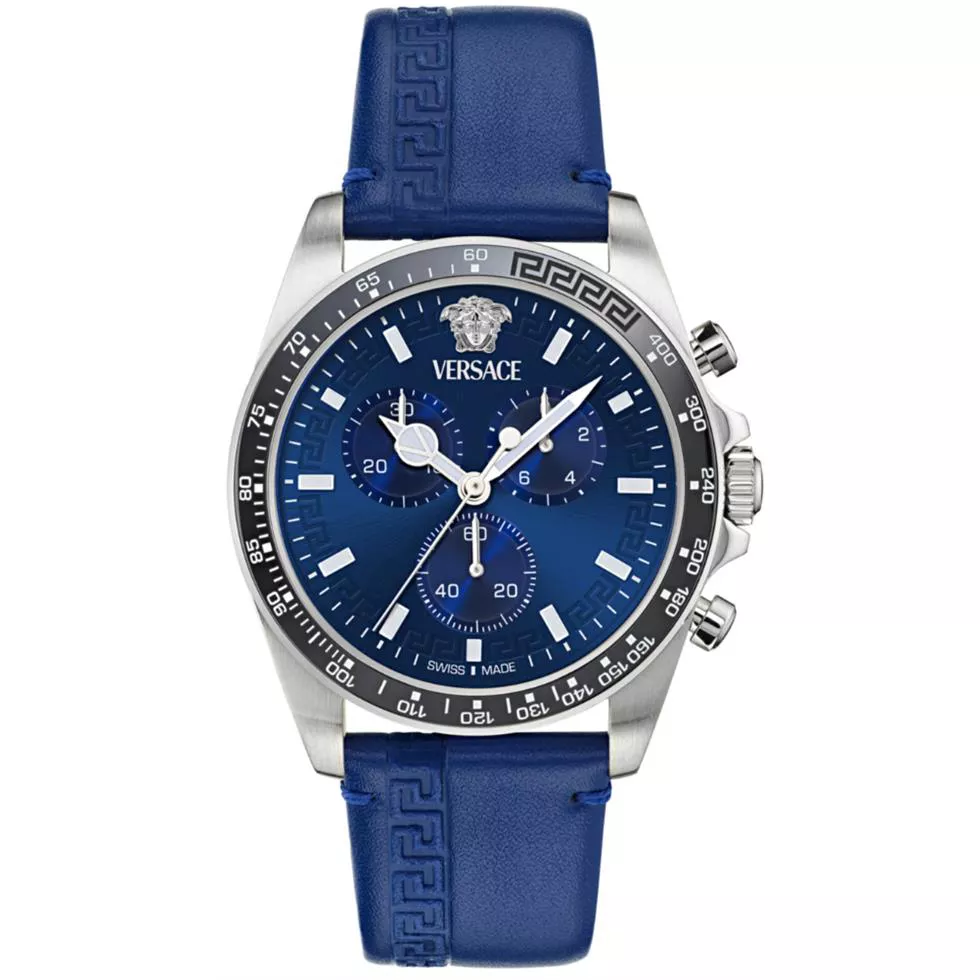 Versace Greca Chrono Wave Leather Blue Watch 43mm