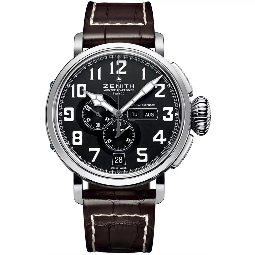 Zenith Mens Stainless Steel Leather Brown 48mm